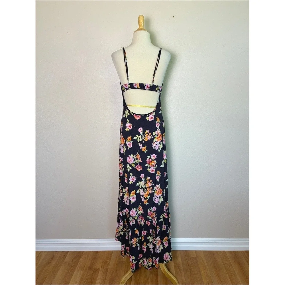 FLINN SKYE Small Black Floral Spaghetti Strap Hi Low Dress Y2K Button‎ Front USA